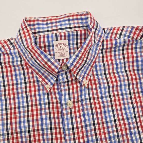 Brooks Brothers Men XL Red Blue Plaid Regular Fit Non-Iron Button Down L/S Shirt - Picture 1 of 5